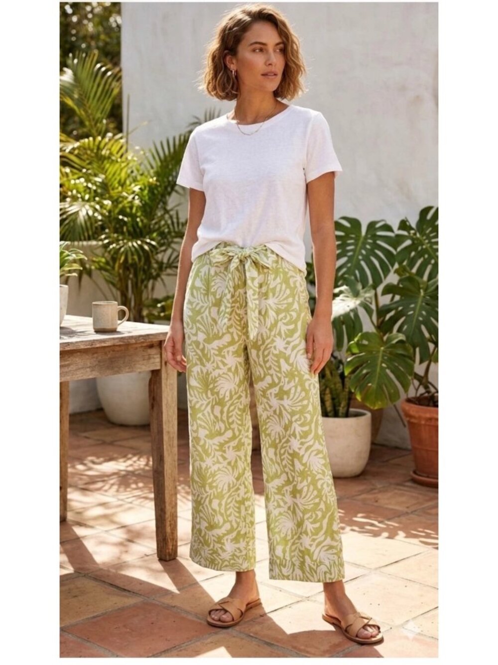 Rachel Zoe Green & White L 100% Linen Tropical Wide-Leg Pants Tie Waist resort